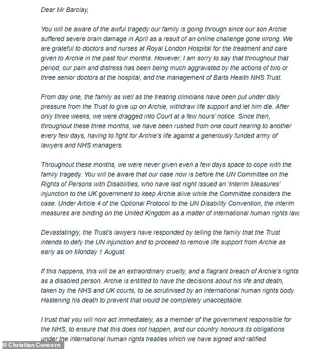 In their letter Archie's parents Ms Dance and Mr Battersbee plead with Health Secretary Steve Barclay to intervene to prevent the 'extraordinary cruelty' of ending their son's life