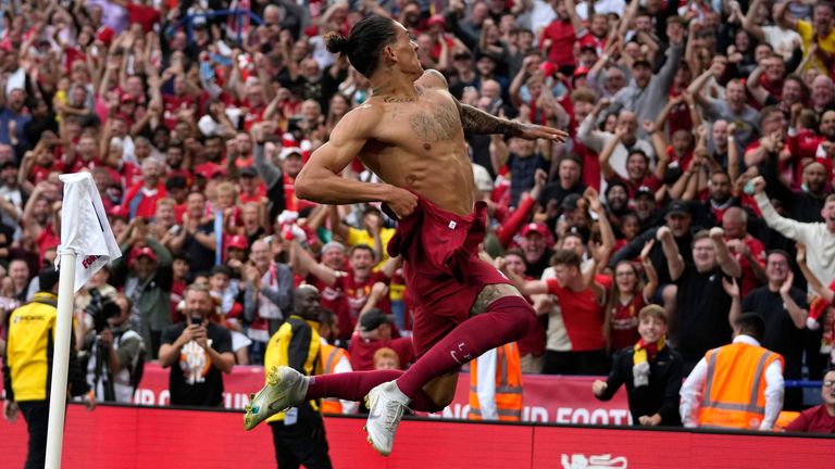 Darwin Nunez celebrates after scoring Liverpool&#39;s third goal in their victory over Man City in the Community Shield