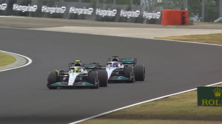 George Russell can't hold off Lewis Hamilton for very long who is now up to P2 at the Hungarian GP