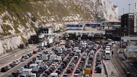 Vehicles queue at the Port of Dover on July 22.