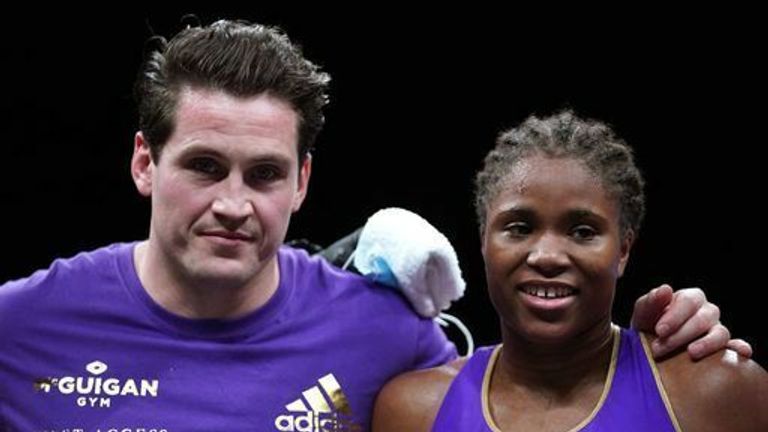 Caroline Dubois (right) and trainer Shane McGuigan celebrate a victory on points against Vaida Masiokaite (not pictured) in the lightweight contest at the Motorpoint Arena Cardiff. 