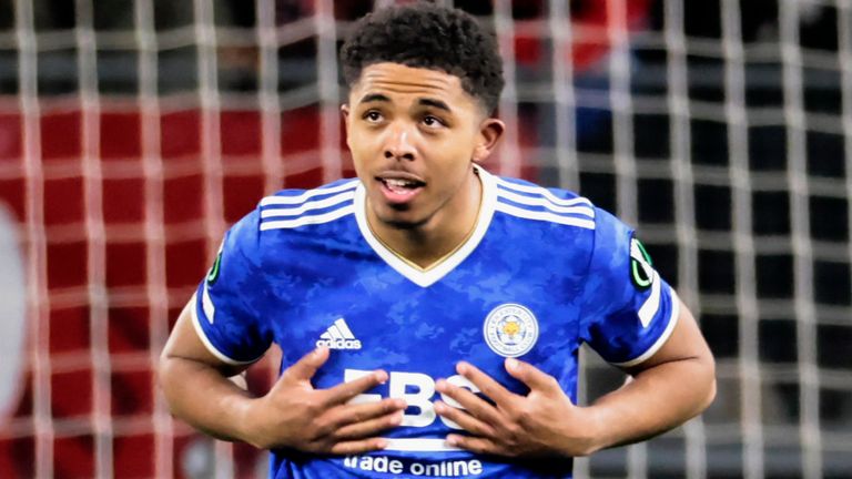 Wesley Fofana celebrates after scoring for Leicester against Rennes