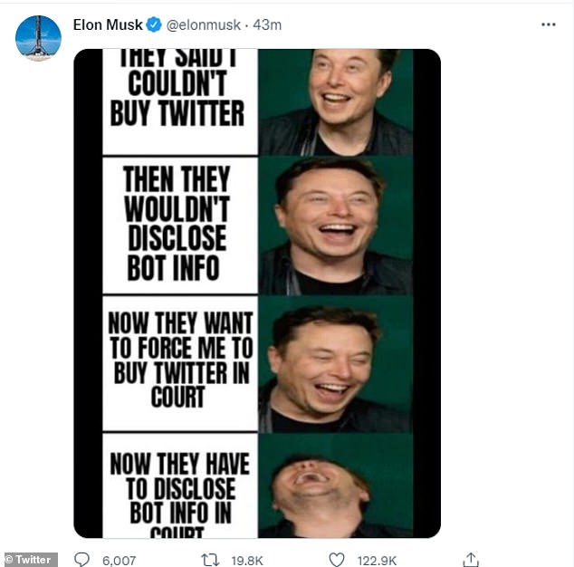 Elon Musk tweets meme of him laughing and claiming he will win in court against Twitter 