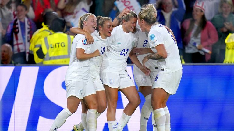 England&#39;s Alessia Russo (centre) celebrates after scoring their side&#39;s third goal against Sweden