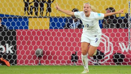 England striker Beth Mead celebrates after scoring her team&#39;s first goal against Sweden.