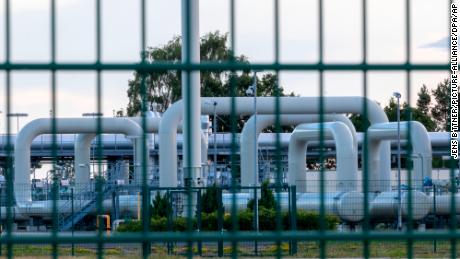 Pipe systems and shut-off devices at the gas receiving station of the Nord Stream 1 Baltic Sea pipeline and the transfer station of the OPAL (Ostsee-Pipeline-Anbindungsleitung) on July 11 2022, in Mecklenburg, Western Pomerania, Lubmin, Germany. 