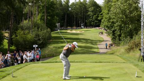 McDowell tees off on the 14th hole during day three of LIV Golf&#39;s inaugural event at the Centurion Club.