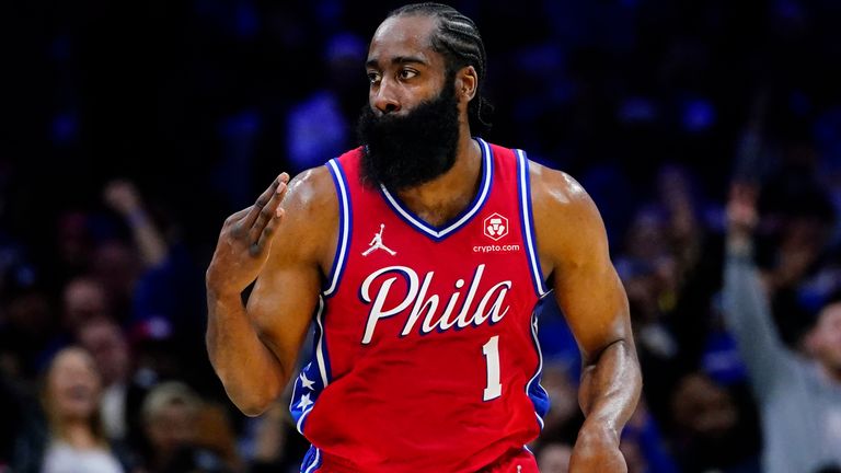 James Harden celebrates a basket against the New York Knicks on his Philadelphia 76ers home debut