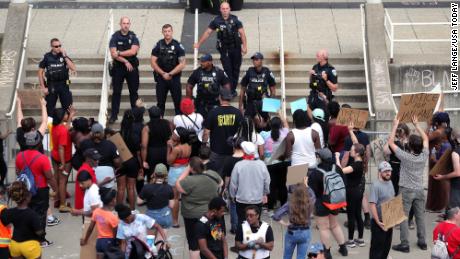 Demonstrators protest the fatal police shooting of Jayland Walker in Akron, Ohio, on Saturday.