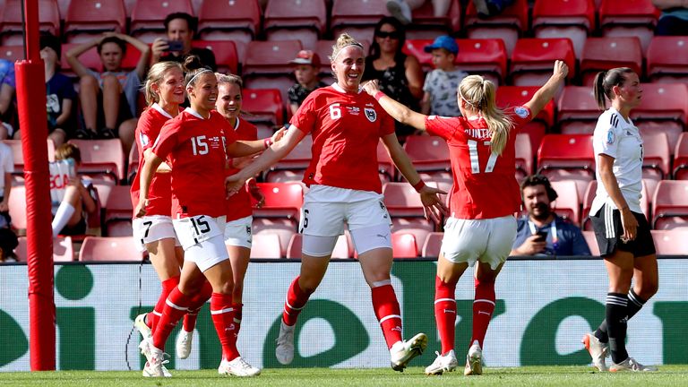 Austria celebrate their first goal against Northern Ireland