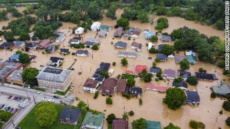 Aerial view of homes submerged under flood waters in Jackson, Kentucky.