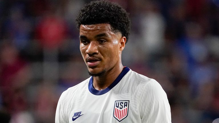 United States midfielder Malik Tillman (17) plays during the second half of a friendly soccer match against Morocco, Wednesday, June 1, 2022, in Cincinnati. The United States defeated Morocco 3-0. (AP Photo/Jeff Dean)