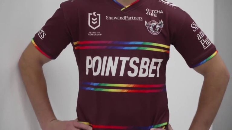 The Sea Eagles unveiled their ‘Everyone in League’ jersey on Monday (Image: Manly Sea Eagles)