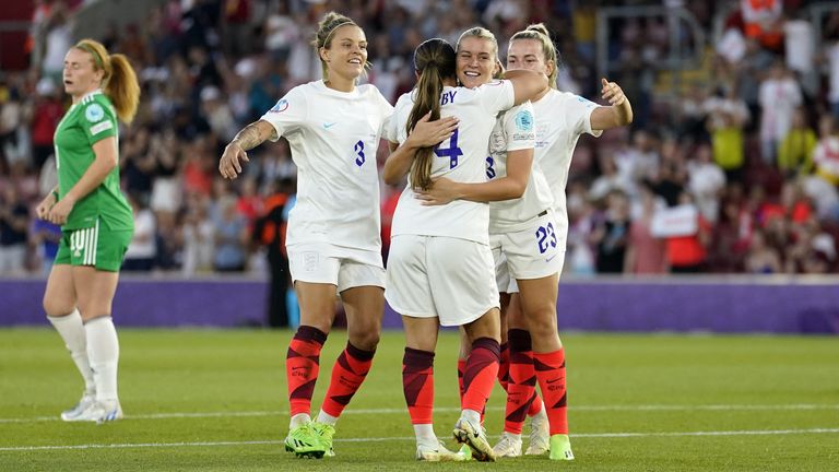 England&#39;s Alessia Russo (second right) celebrates scoring her side&#39;s third goal of the game