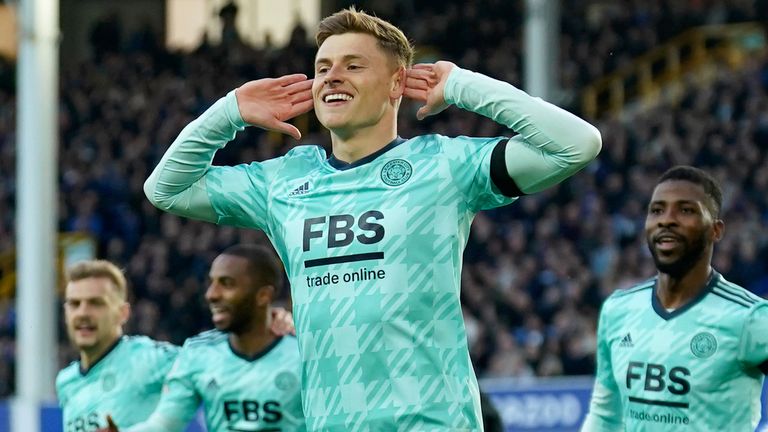 Leicester&#39;s Harvey Barnes celebrates after scoring the opening goal (AP)