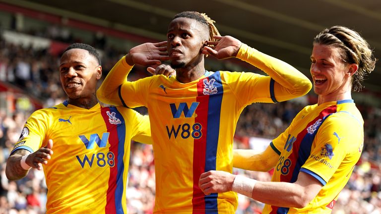 Wilfried Zaha celebrates his winner