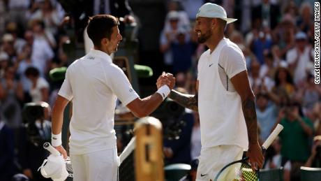 Djokovic and Kyrgios shake hands after the Wimbledon men&#39;s singles final.