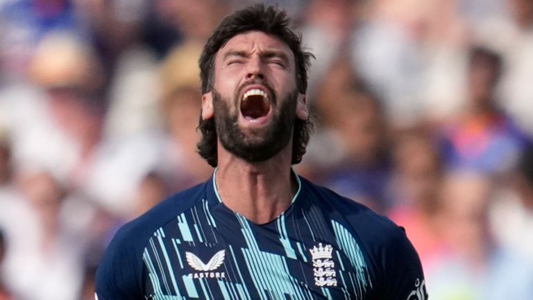 England's Reece Topley celebrates one of his six wickets as England levelled the series at Lord's