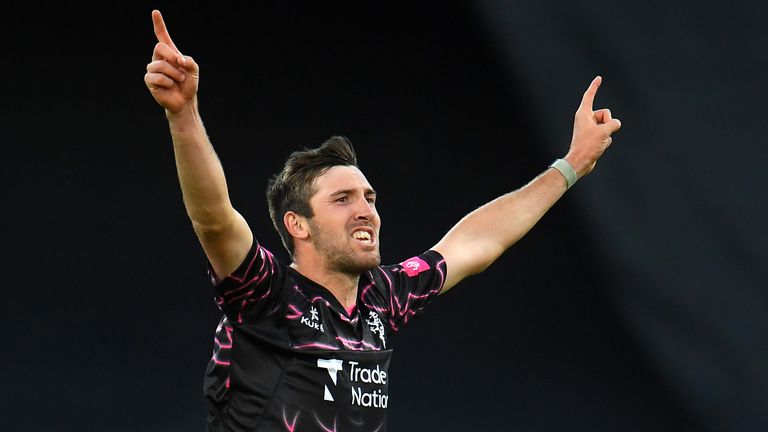 Craig Overton of Somerset celebrates after taking the wicket of his brother Jamie Overton of Surrey during the Vitality T20 Blast match at Taunton