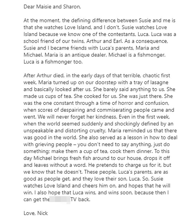 Open letter: Nick paid tribute to Luca after the fishmonger's parents supported him following the tragic death of his teenage son