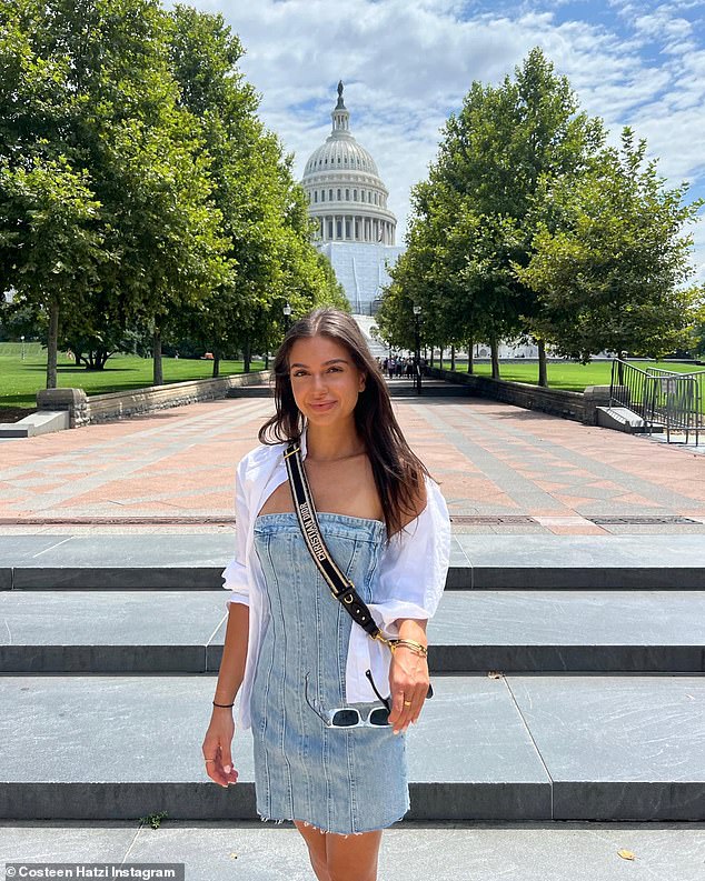 Costeen looked chic in a denim minidress with a white shirt on top and white sunglasses