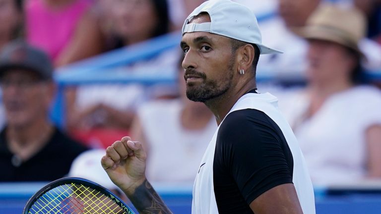 Nick Kyrgios, of Australia, reacts during a match against Marcos Giron, of the United States, at the Citi Open tennis tournament in Washington, Tuesday, Aug. 2, 2022. (AP Photo/Carolyn Kaster)