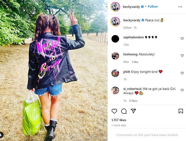 On Saturday Mrs Vardy posted an image on Instagram showing her walking away from the camera with the caption 'peace out'