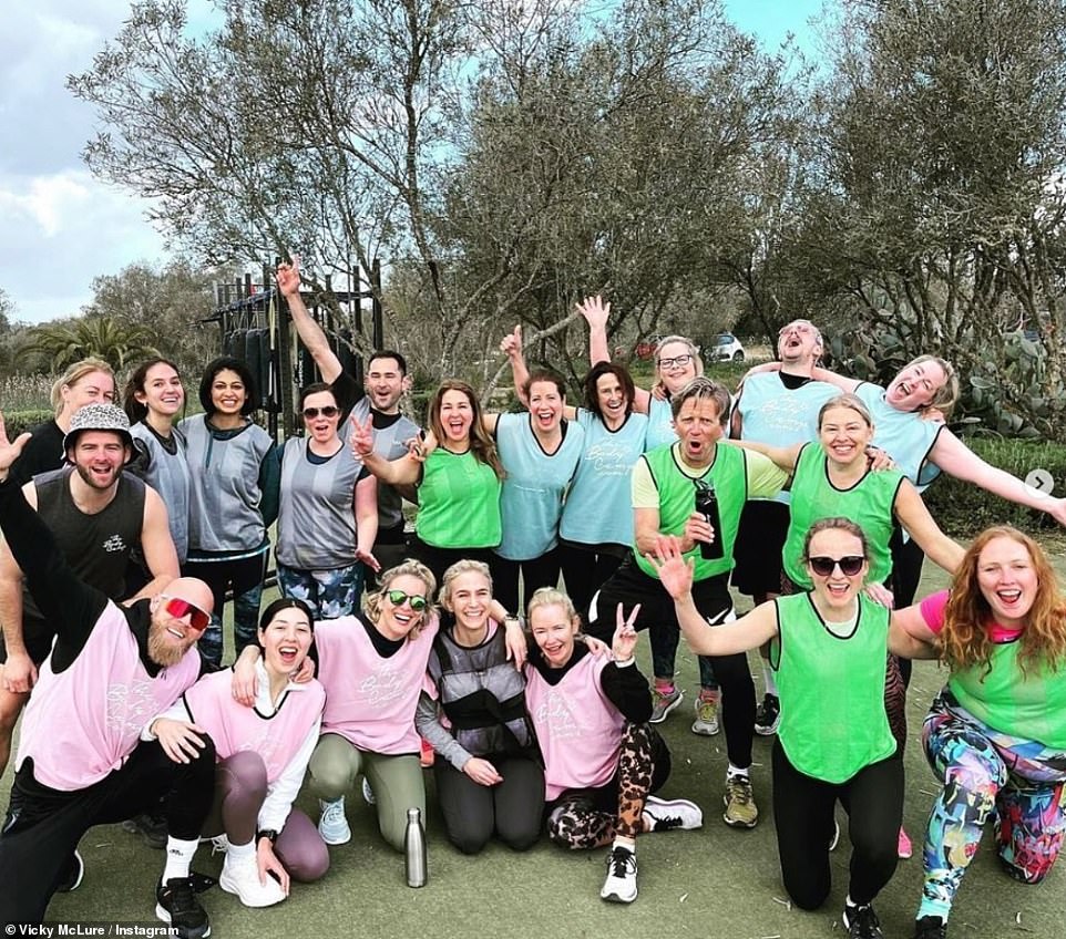 This is England actress Vicky (centre row, third from right) wrote on Instagram after her stay: 'I honestly was not prepared for the amount of working out and plant-based food (no tea!). Sometimes ya gotta step out ya comfort zone! Feel very lucky to have had this experience'