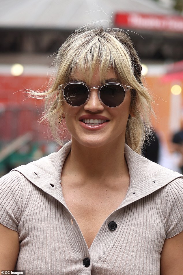 Beauty: Completing her look, Ashley tied her locks up into a pony, leaving her fringe to hang down onto her circular shades