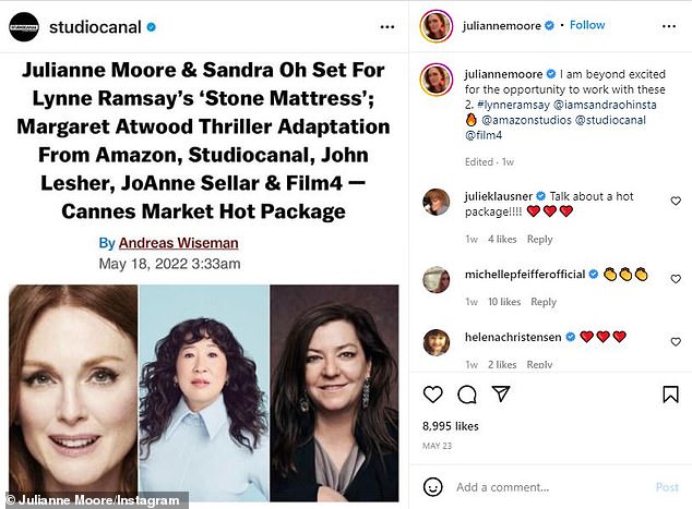 'I am beyond excited for the opportunity to work with these two!' In September, Julianne will fly to Greenland and Iceland to portray retired physiotherapist Verna in Lynne Ramsay's cruise ship-set revenge thriller Stone Mattress opposite Sandra Oh