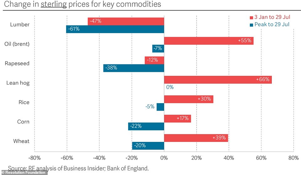 Economics at the think tank say market prices for core goods such as oil, corn and wheat have also now fallen since their peak earlier this year, but these prices have now yet been reflected in consumer costs and remain much higher than in January