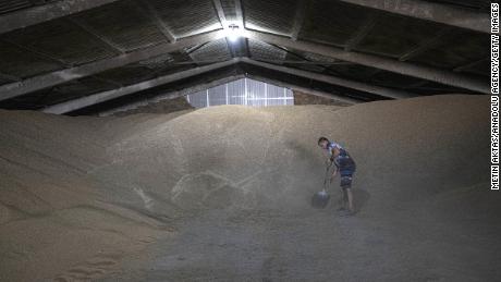 A Ukrainian farmer works at a warehouse in Odesa, southern Ukraine, in July. 