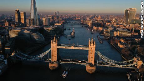 A view of Tower Bridge, spanning the River Thames in London. 