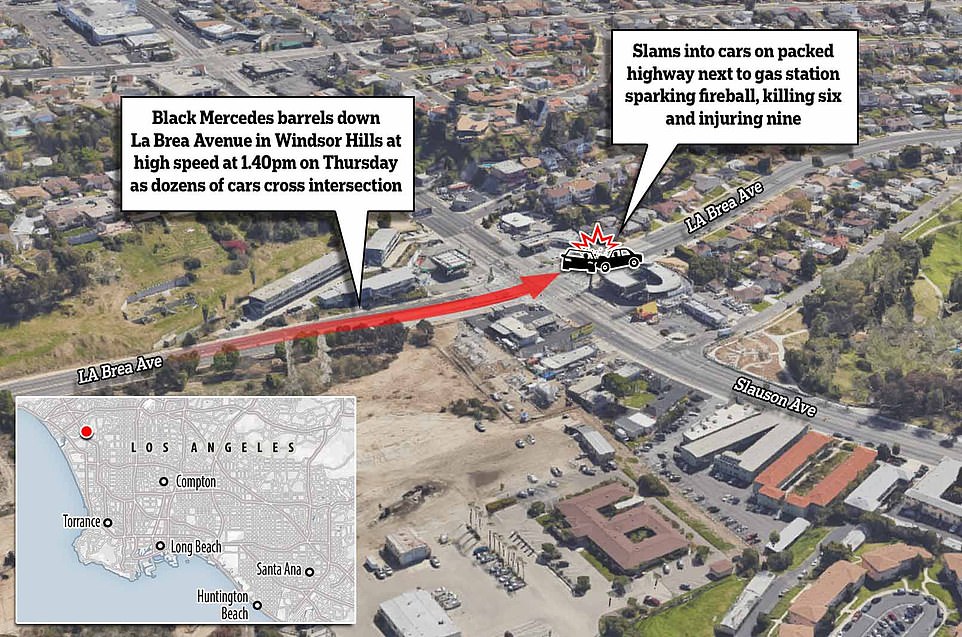 Graphic shows the direction the SUV was going in along South La Brea Avenue when it ran the red light and caused the horrendous crash