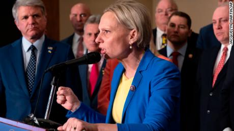 Rep. Victoria Spartz speaks about the war in Ukraine during a Republican news conference ahead of the State of the Union, March. 1, 2022, on Capitol Hill in Washington.