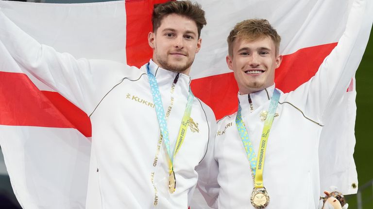 England's Anthony Harding and Jack Laugher with their gold medals won in the Men's Synchronised 3m Springboard final 