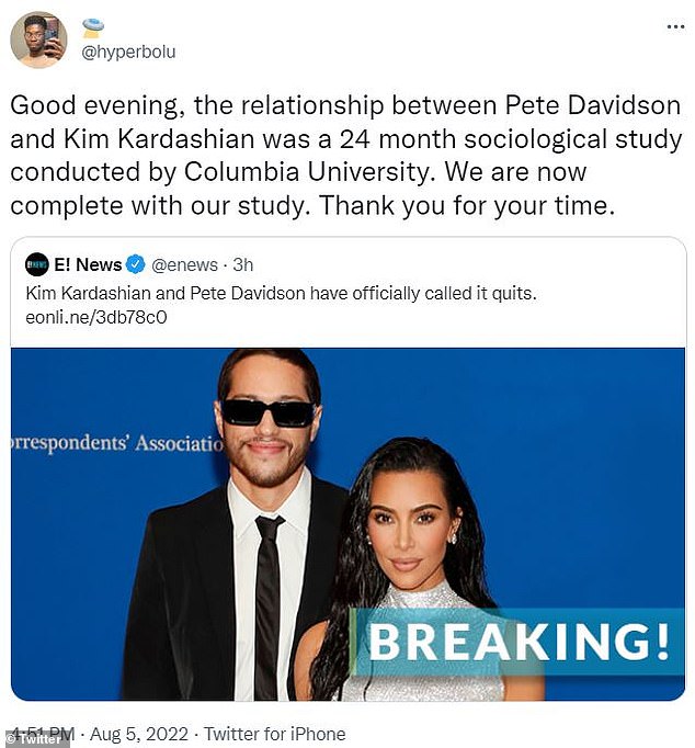 Experimental: Another joked that the relationship was an elaborate social experiment writing, 'Good evening, the relationship between Pete Davidson was a 24 month sociological study conducted by Columbia University'