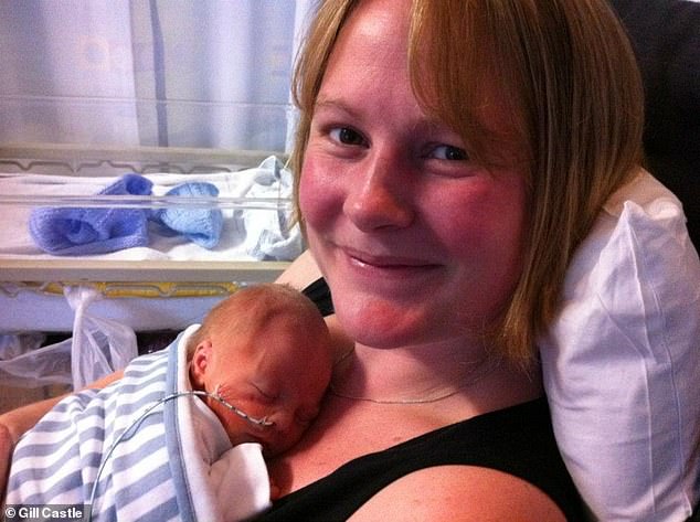 Gill was left with a permanent colostomy after midwives used forceps during the birth of her premature son Sam (pictured together), resulting in Gill suffering from a fourth-degree tear and a fistula