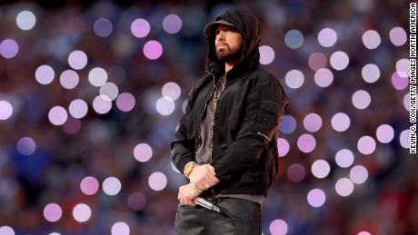 Eminem performs during the Pepsi Super Bowl LVI Halftime Show in February. 