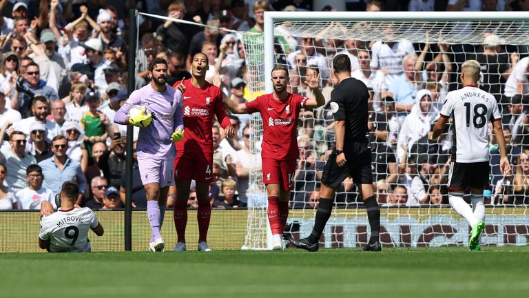 Mitrovic is fouled by Virgil van Dijk at Fulham