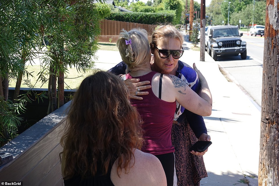 Horrified witnesses watch on as the car is towed out of the garden following the horrendous crash on Friday morning in LA