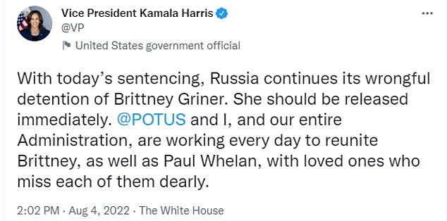 Vice President Kamala Harris condemned the nine year sentence of basketball star Brittney Griner on Thursday