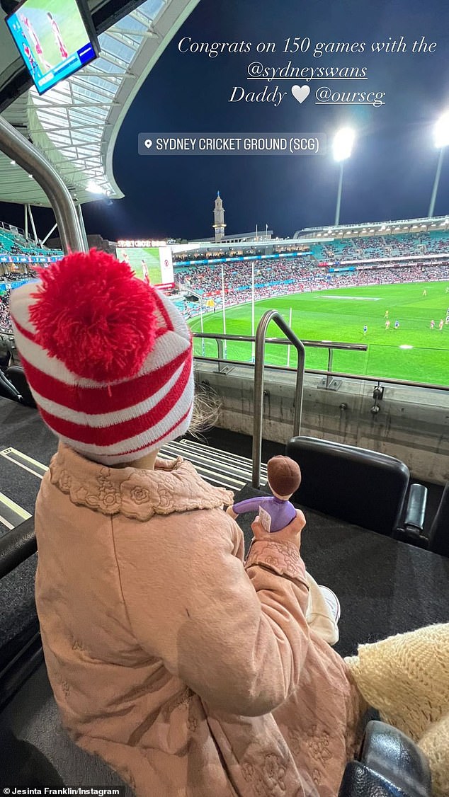 'Congrats on 150 games with the Sydney Swans,' Jesinta wrote, adding the word 'Daddy' and a heart emoji