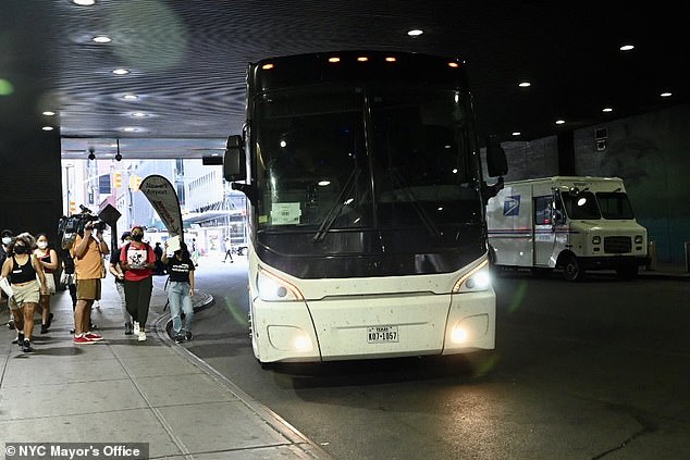 The bus from Texas is seen on Sunday pulling in to the bus terminal