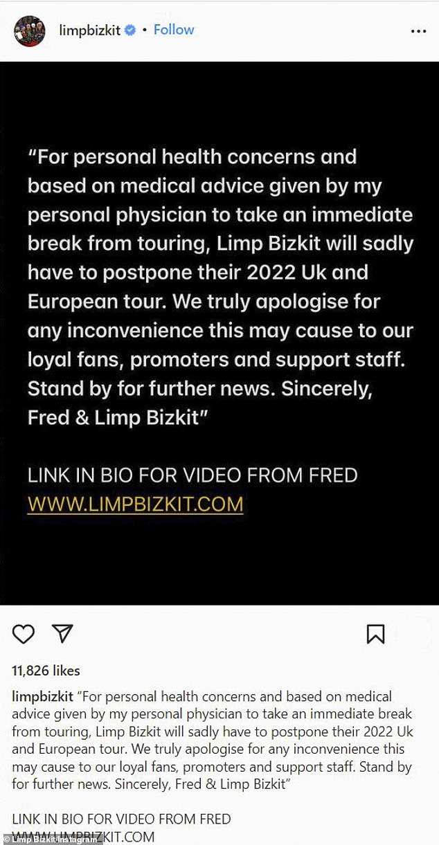 'I'm so sorry and I look forward to making it up to you': Limp Bizkit - founded in Florida 1995 - also features bassist Sam Rivers, drummer John Otto, guitarist Wes Borland, and DJ Lethal