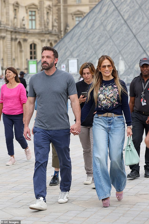 Married: Lopez stepped out alone on Sunday without her husband Ben Affleck who she married in a low-key ceremony last month (pictured July 2022)