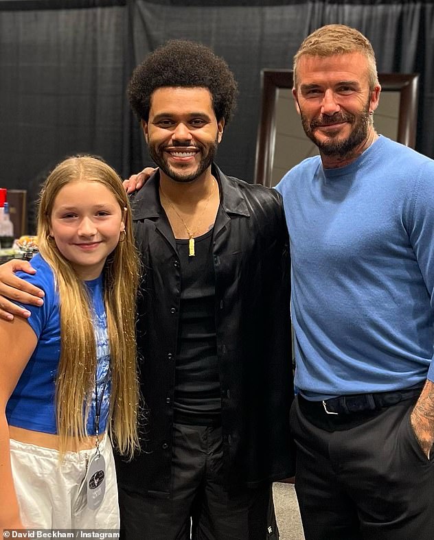 Starstruck: The pair were invited backstage after the concert where they posed for a snap with the singer, whose real name is Abel Tesfaye