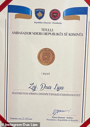 Honour: Dua's certificate from the ceremony on Friday