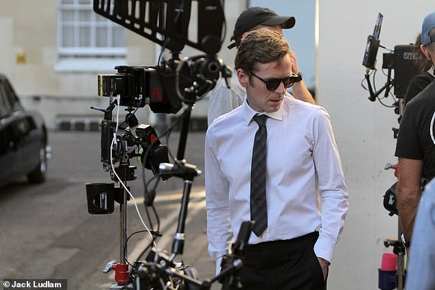 On location: The actor, who plays Endeavour Morse in the series, was spotted stepping out of his classic Jaguar during an outdoor scene