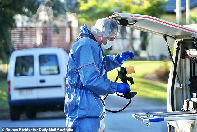 Forensic officers returned to the home on Tuesday morning and were seen taking photos and marking various spots around the property in Brisbane's south